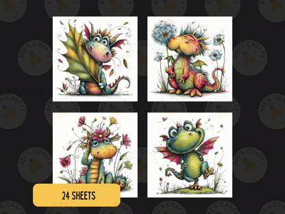 four colorful illustrations of whimsical, fantastical creatures, including dragons, fairies, and other mythical beings, set against a backdrop of flowers and foliage.