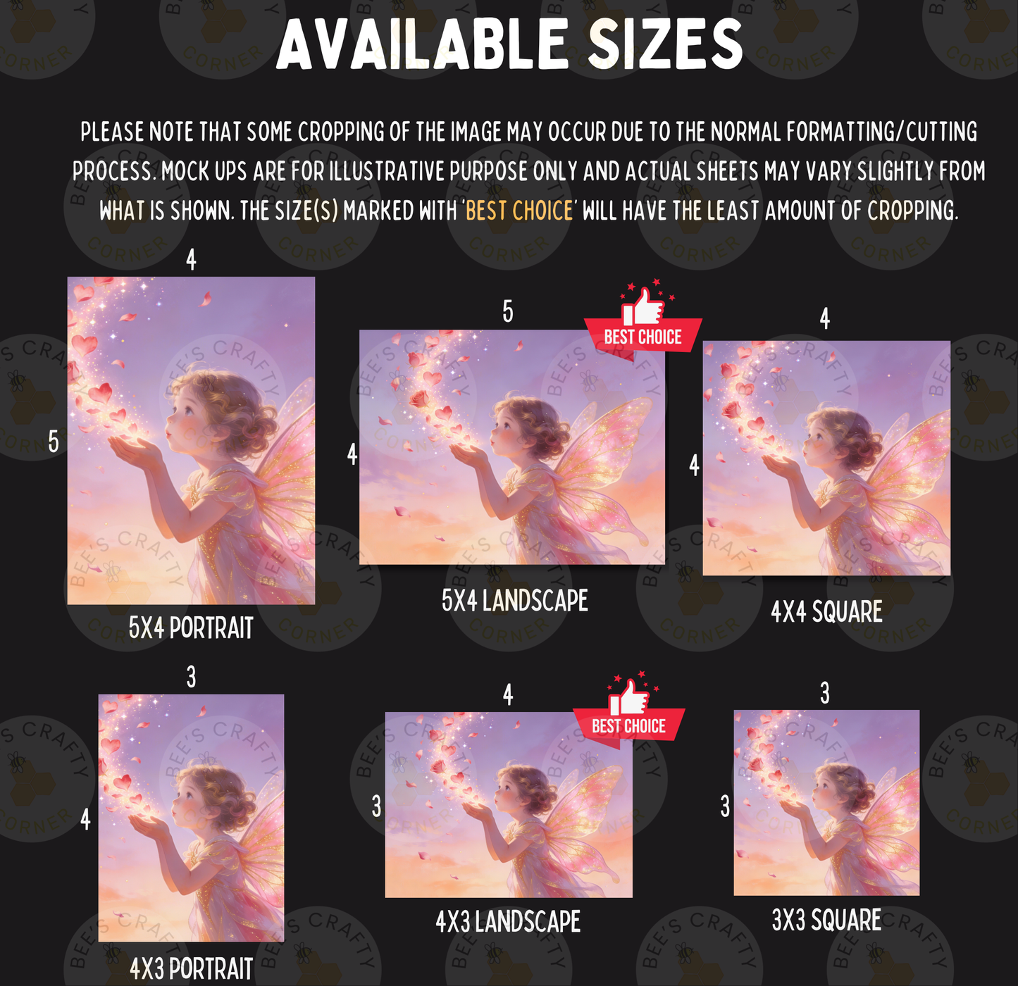 The image is a collage of six different images featuring a young girl with wings, each with varying sizes and cropings. The images are labeled with numbers and descriptions, such as "5X4 PORTRAIT", "5X4 LANDscape", "4X4 SQUARE", "4X3 PORTRAIT", "4X3 LANDscape", and "3X3 SQUARE". The images are marked as "BEST CHOICE" and are described as "LESS THAN 500 characters".