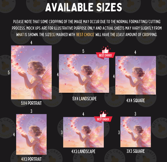 The image is a collage of six different images featuring a young girl with wings, each with varying sizes and cropings. The images are labeled with numbers and descriptions, such as "5X4 PORTRAIT", "5X4 LANDscape", "4X4 SQUARE", "4X3 PORTRAIT", "4X3 LANDscape", and "3X3 SQUARE". The images are marked as "BEST CHOICE" and are described as "LESS THAN 500 characters".