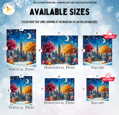 The image is a collection of six different sizes of paintings or illustrations of a cityscape at night, featuring a crescent moon, a starry sky, and a snowy landscape.