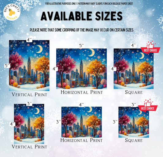The image is a collection of six different sizes of paintings or illustrations of a cityscape at night, featuring a crescent moon, a starry sky, and a snowy landscape.