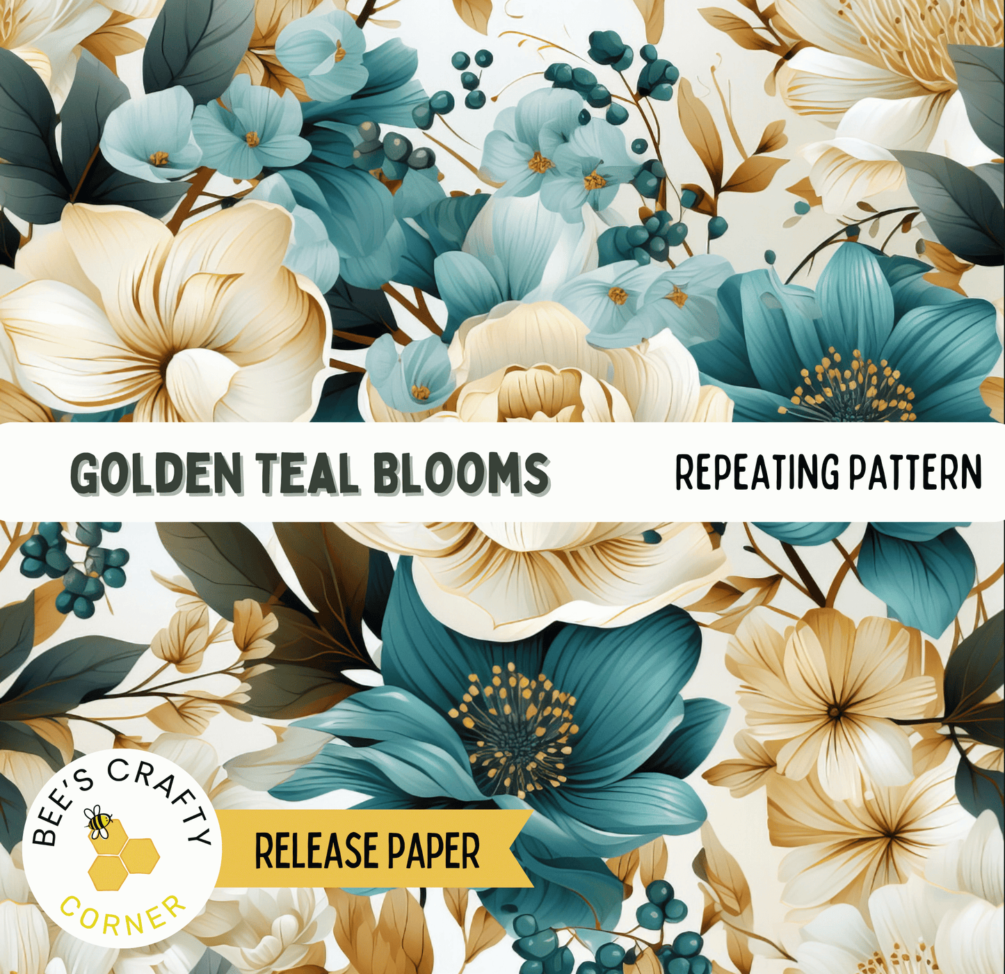 The image is a repeating pattern of large, colorful flowers in shades of blue, green, and gold.