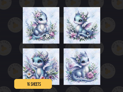 four square illustrations of blue dragons with flowers and leaves on their heads, arranged in a grid format.