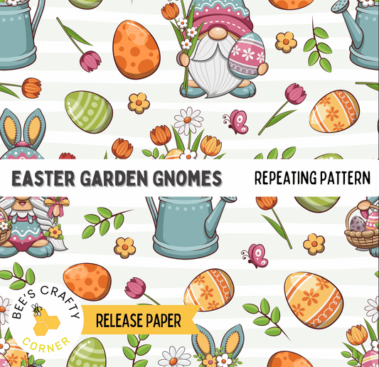 The image is a repeating pattern featuring Easter garden gnomes, Easter eggs, flowers, and other Easter-themed elements.