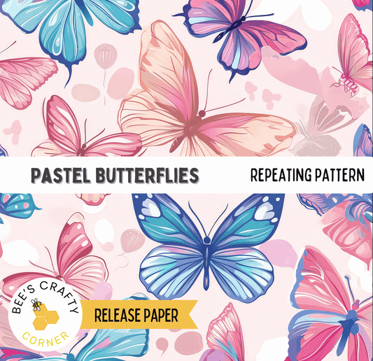 The image is a collage of pastel-colored butterflies in various shades of pink, blue, and purple, arranged in a repeating pattern.