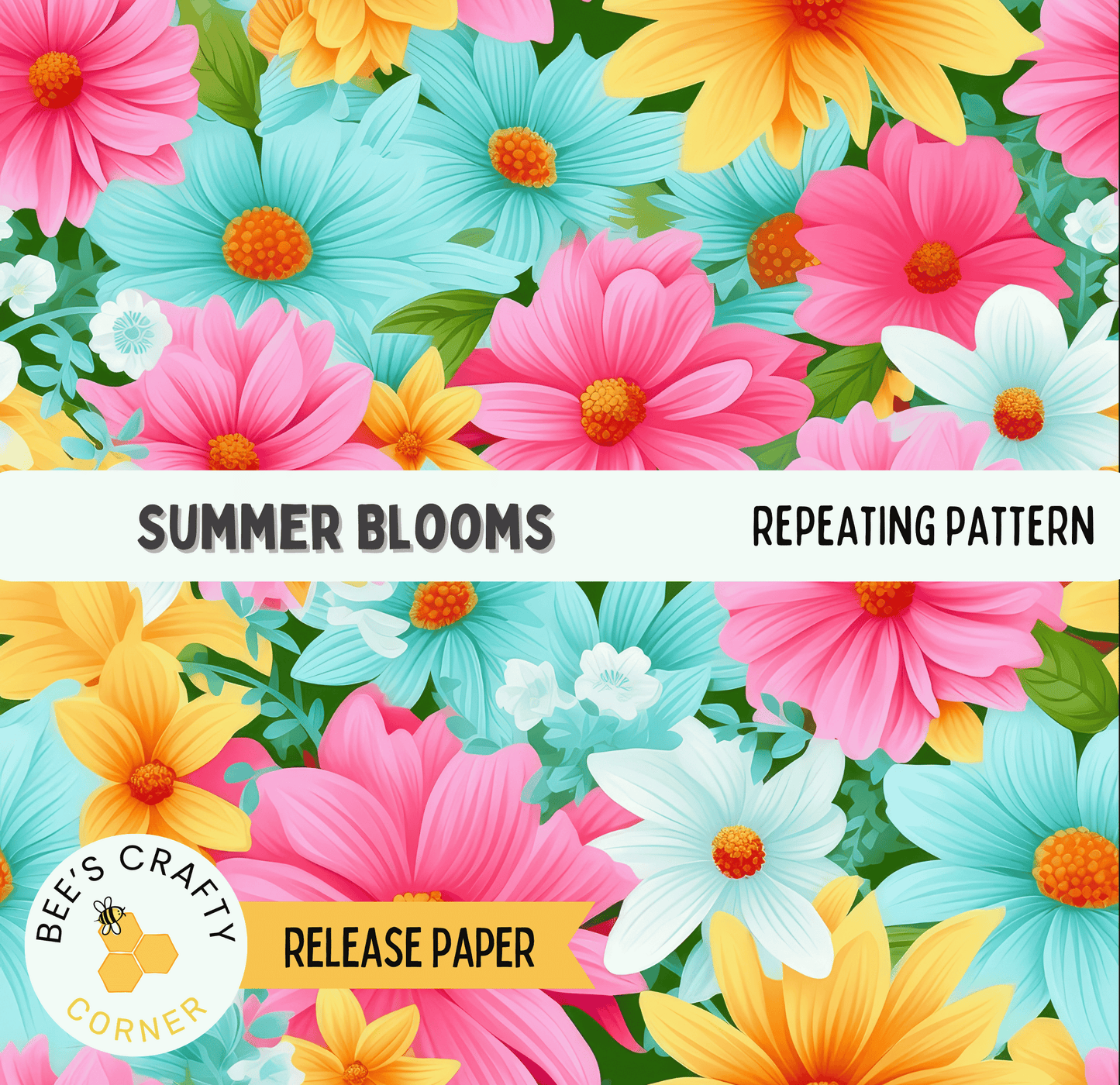 The image is a vibrant and colorful collage of various flowers, including daisies, sunflowers, and other blooms in shades of pink, yellow, blue, and green. The flowers are arranged in a repeating pattern, creating a visually striking and lively composition.