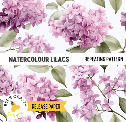 The image is a collage of watercolor illustrations of purple lilies, featuring repeating patterns of the flowers and leaves.