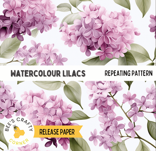 The image is a collage of watercolor illustrations of purple lilies, featuring repeating patterns of the flowers and leaves.