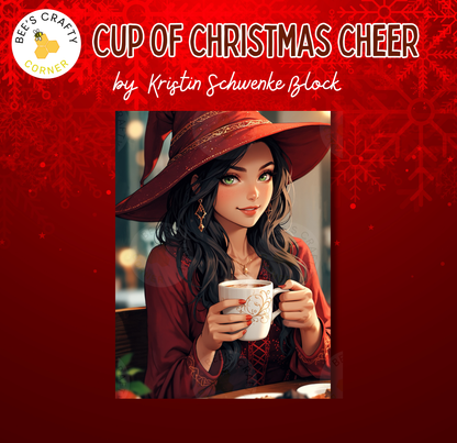 The image is a digital illustration featuring a woman wearing a red hat and holding a cup of coffee. The background is a red color with snowflakes, creating a festive atmosphere.