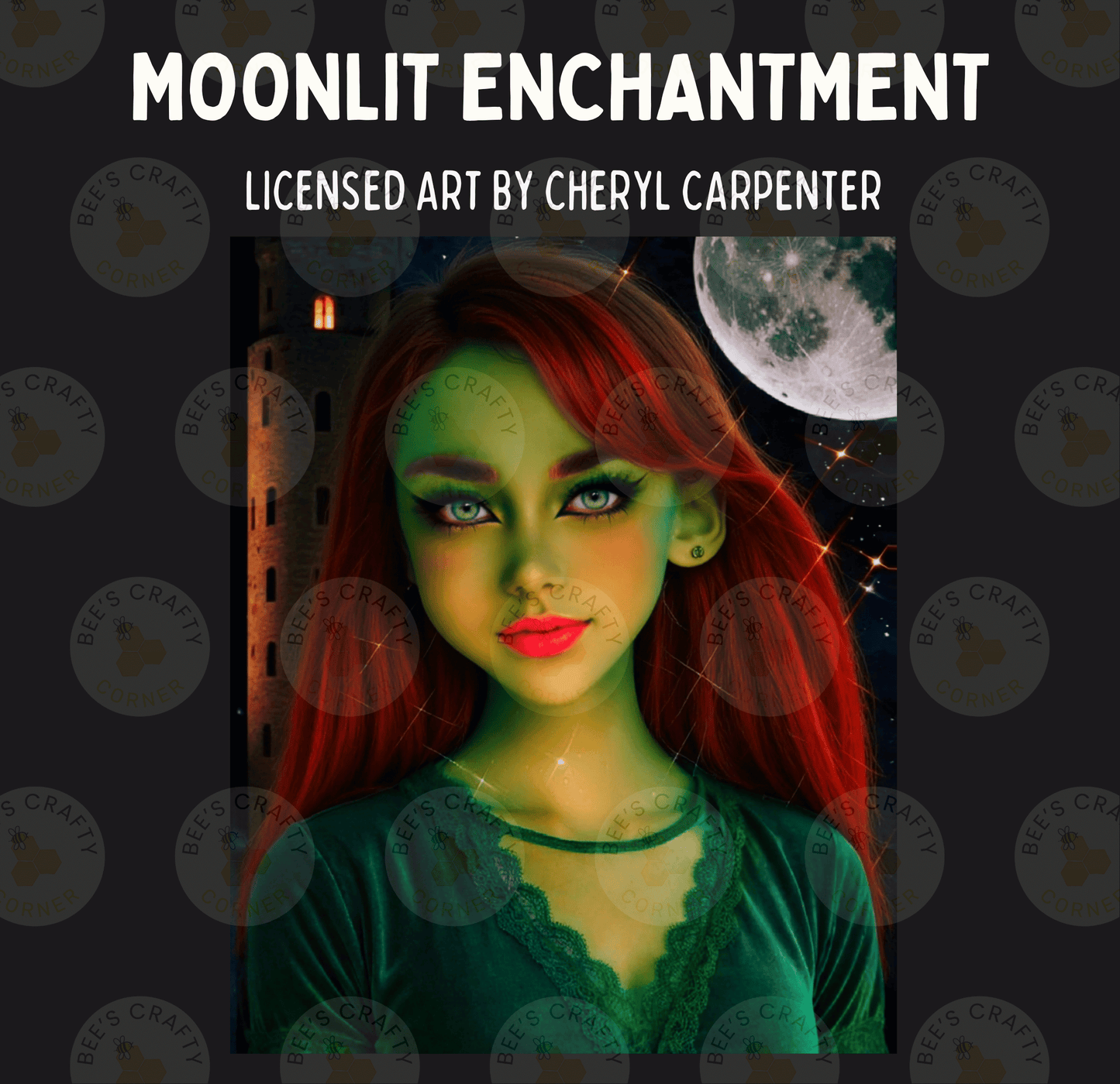 The image is a collage featuring a woman with red hair and green makeup, set against a dark background with a full moon and a castle in the background.