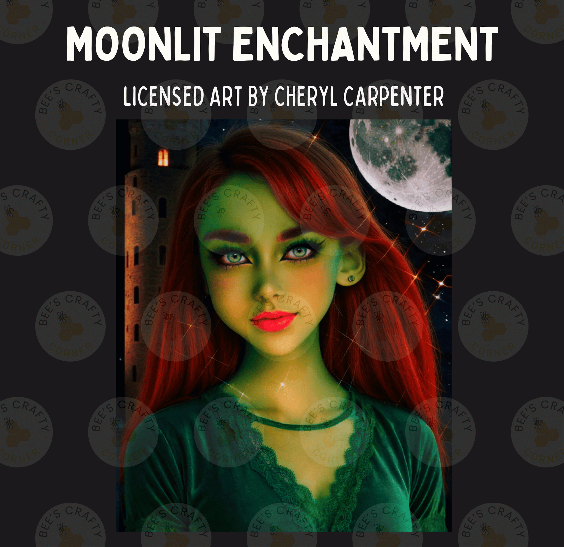 The image is a collage featuring a woman with red hair and green makeup, set against a dark background with a full moon and a castle in the background.