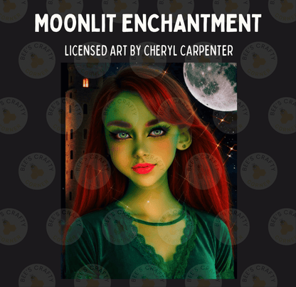 The image is a collage featuring a woman with red hair and green makeup, set against a dark background with a full moon and a castle in the background.