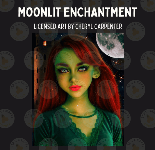 The image is a collage featuring a woman with red hair and green makeup, set against a dark background with a full moon and a castle in the background.