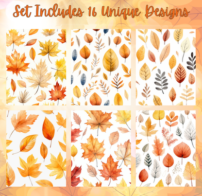 a set of six unique designs featuring various patterns and arrangements of autumn leaves and foliage.