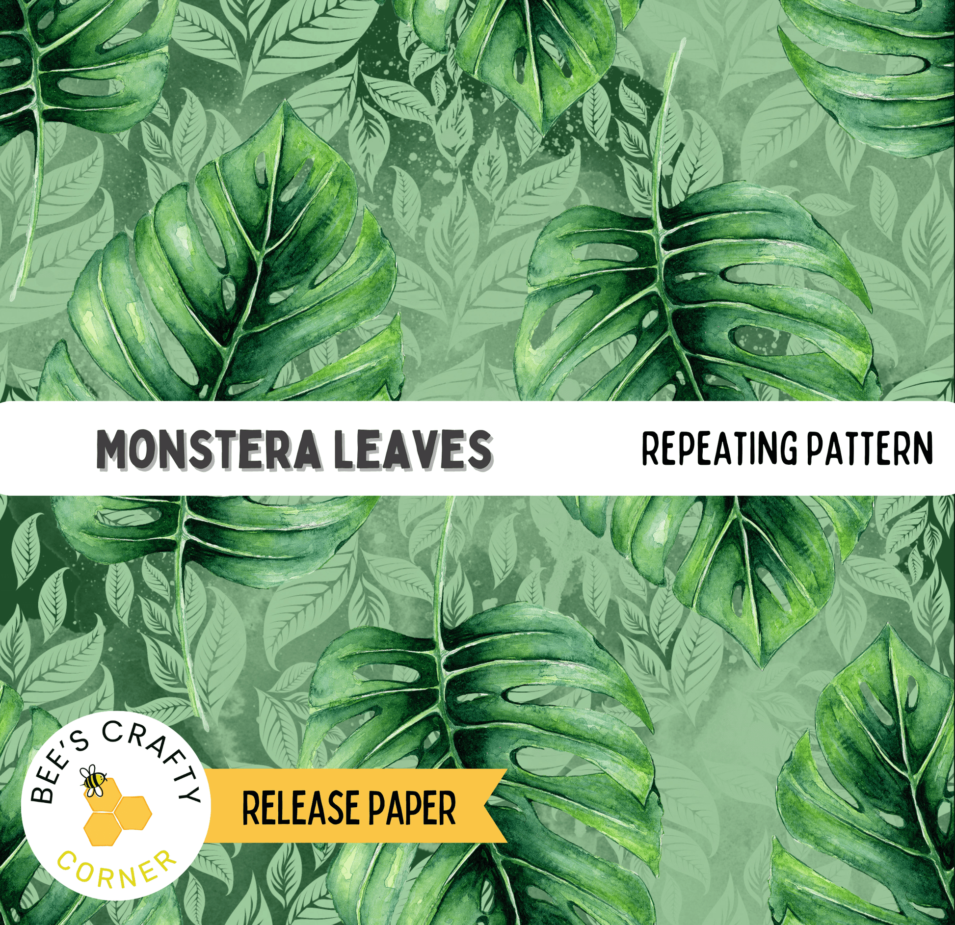 a repeating pattern of large green monstera leaves against a green background.