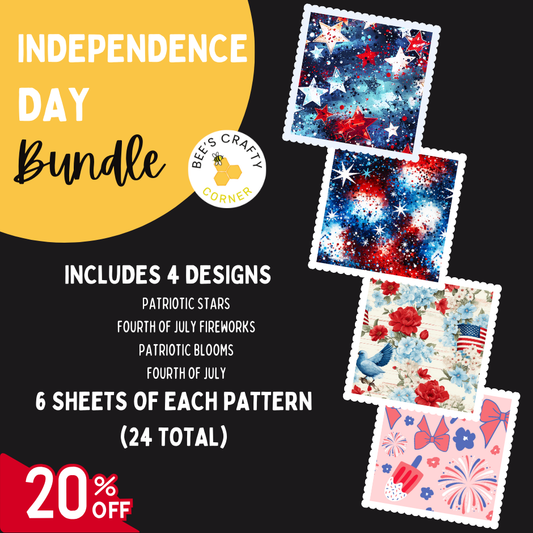 The image is an advertisement for an "Independence Day Bundle" that includes four patriotic designs, six sheets of each pattern, and a 20% discount.