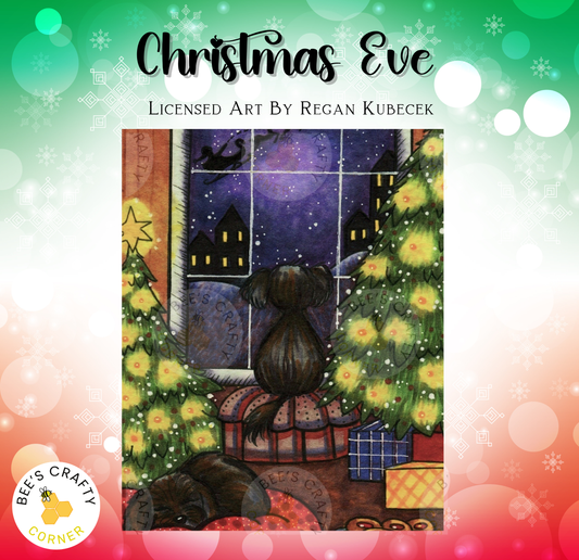 The image is a Christmas Eve scene featuring a dog sitting on a couch, looking out a window at a snowy night with a full moon and stars.