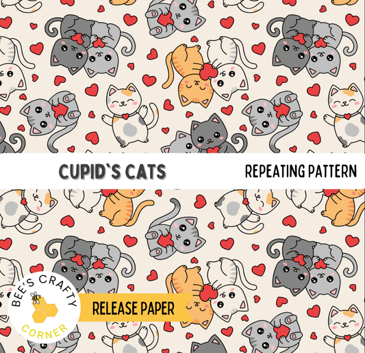 The image is a repeating pattern of cats with hearts on a beige background.