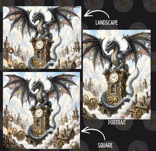 The image is a collage of three pictures depicting a large, winged dragon perched on a clock tower. The dragon is surrounded by a cityscape with buildings, steam engines, and clock faces. The collage is labeled as a landscape, portrait, and square, and the image is described as having "less than 500 characters" and "redundancy" in the provided text.