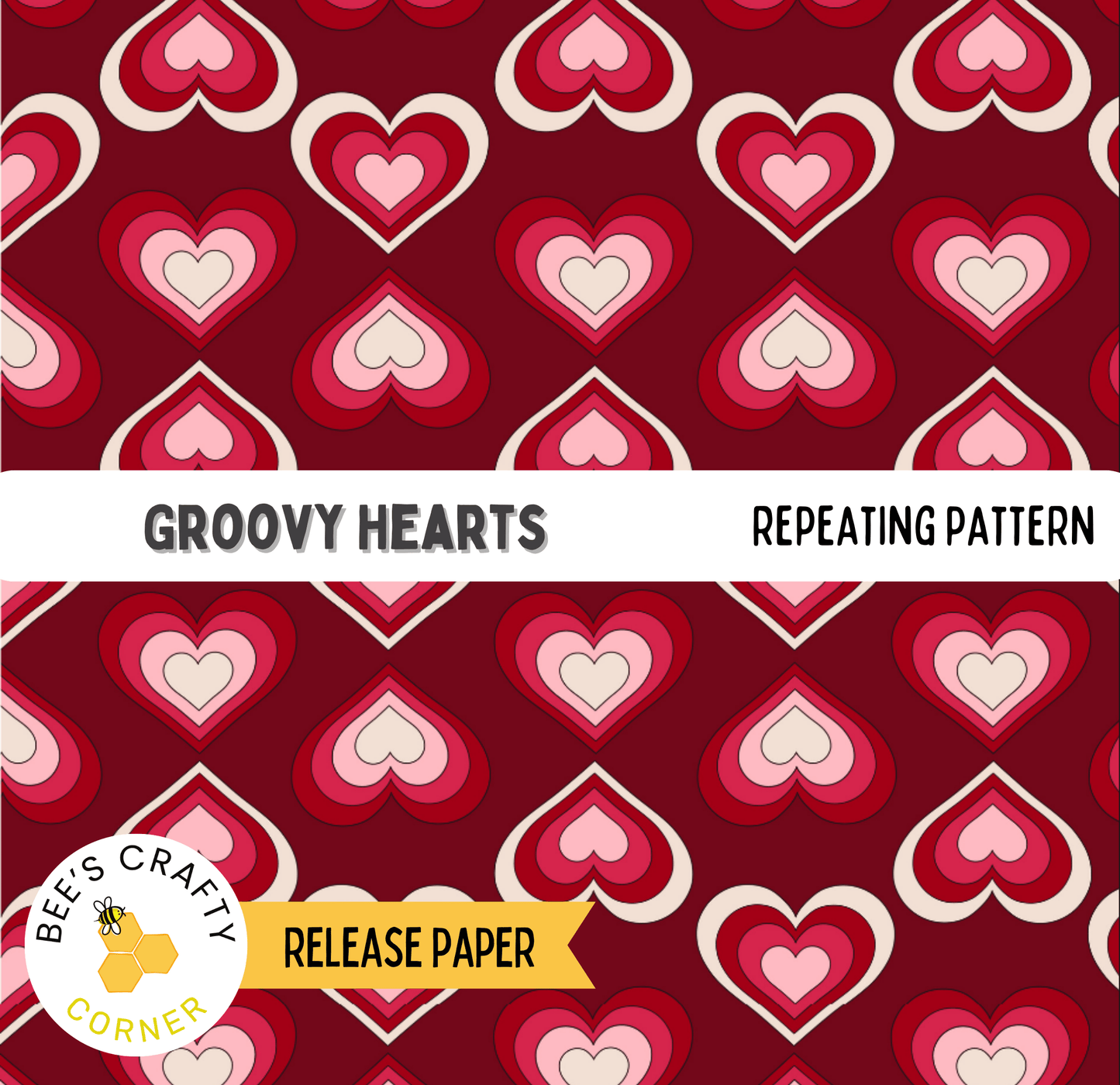 a repeating pattern of red hearts on a dark red background.