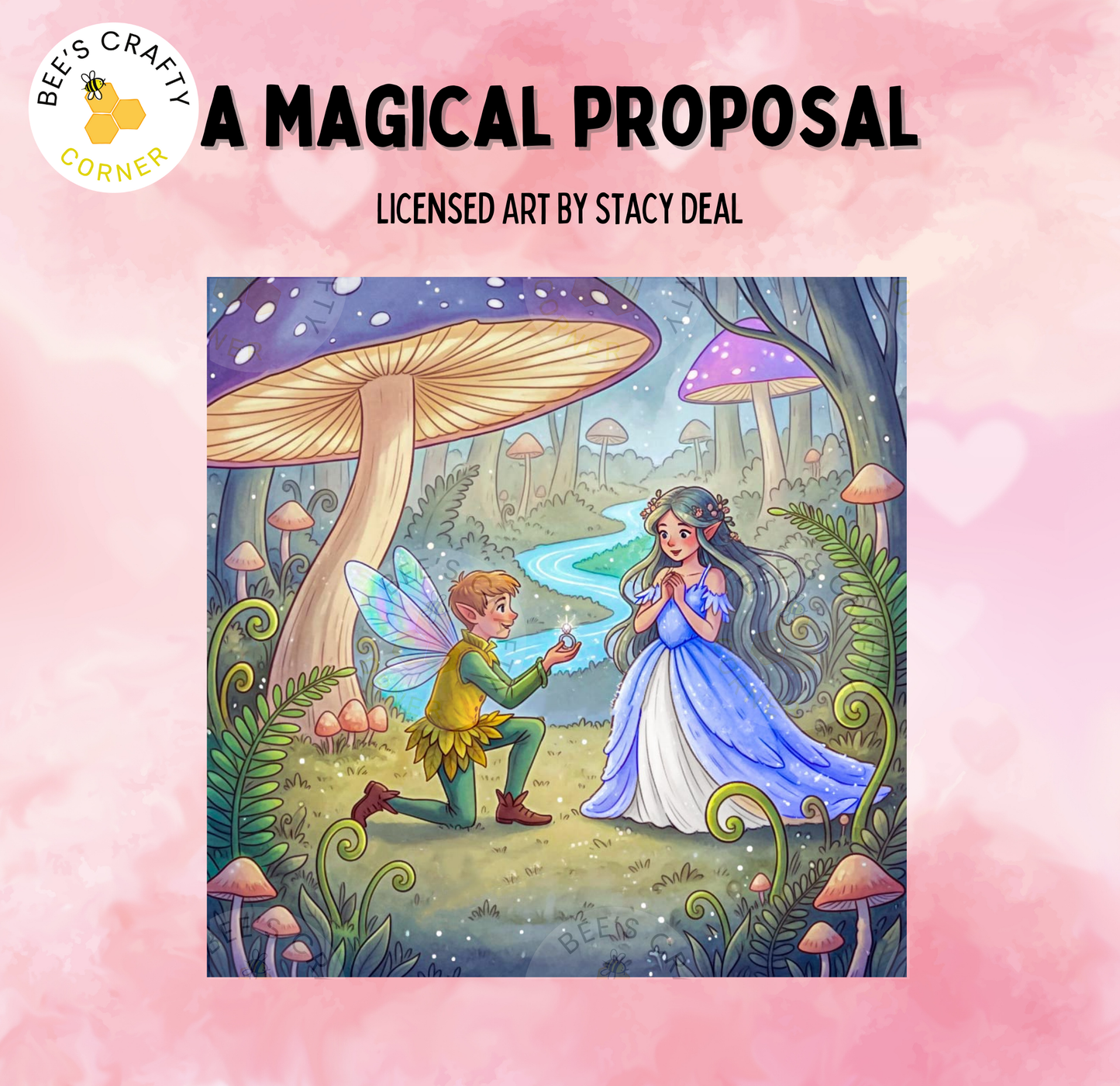 A fairy and a fairy tale character are shown in a whimsical forest setting, with a mushroom-like structure in the background.