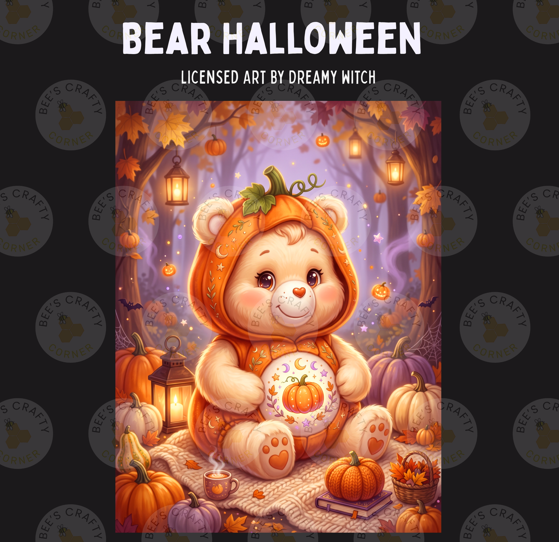 A teddy bear wearing a pumpkin costume is sitting on a blanket surrounded by pumpkins, lanterns, and other Halloween decorations in a forest setting.