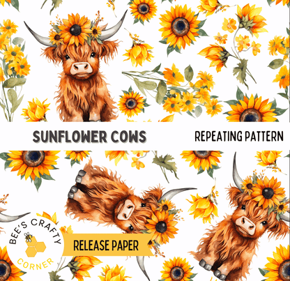 The image is a repeating pattern featuring a cow with horns and a wreath of flowers, including sunflowers, against a white background.