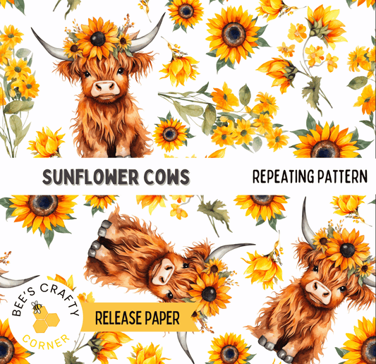 The image is a repeating pattern featuring a cow with horns and a wreath of flowers, including sunflowers, against a white background.