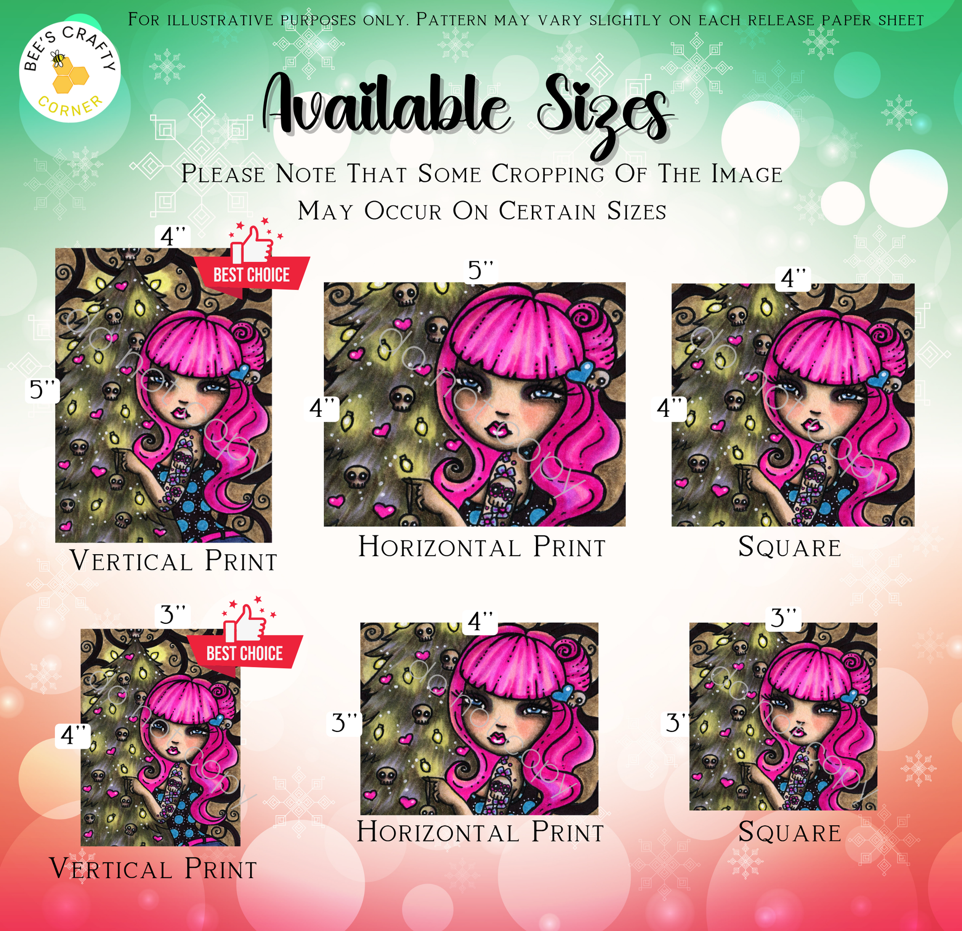 The image is a collage of six different images featuring a pink-haired girl with a skull-like design. The images are arranged in a grid format, with three images in each row and two images in each column. The images are labeled with their respective sizes, including "Vertical Print", "Horizontal Print", and "Vertical Print". The collage is intended for illustrative purposes, and the text provides information about the sizes of the images, suggesting that some cropping may occur on certain sizes.