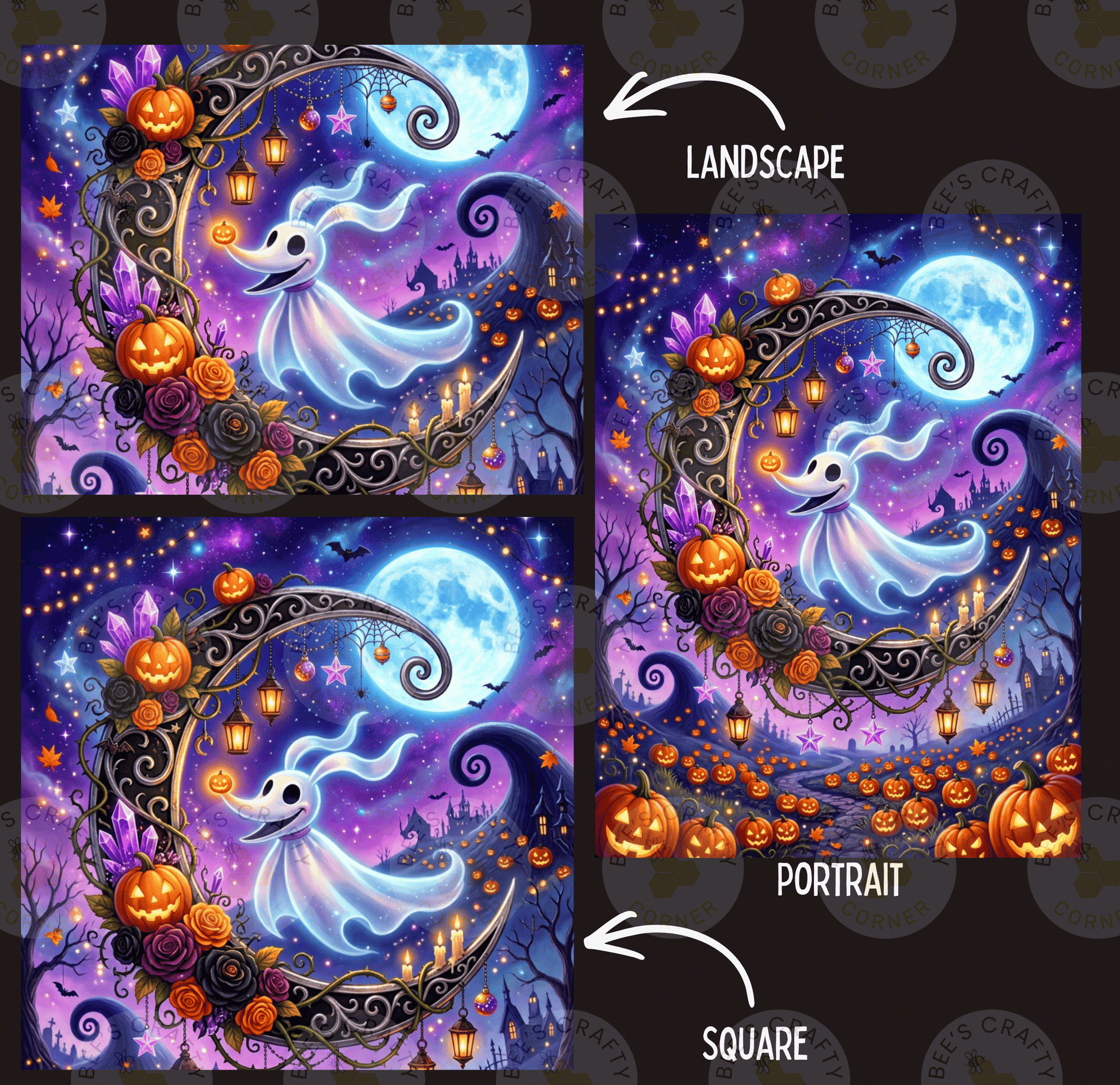 The image is a collage of three pictures depicting a Halloween-themed landscape with a ghost, pumpkins, and a crescent moon.