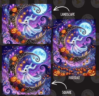 The image is a collage of three pictures depicting a Halloween-themed landscape with a ghost, pumpkins, and a crescent moon.