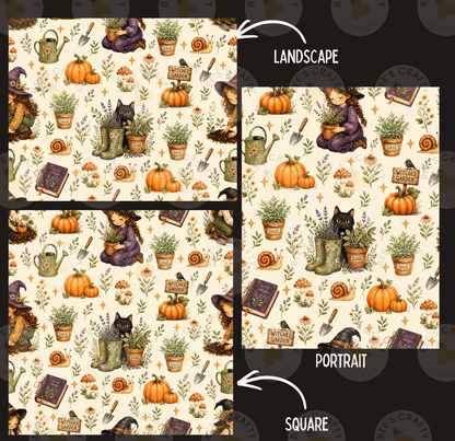 The image is a collage of three images featuring a Halloween-themed pattern with various elements such as pumpkins, cats, books, and other seasonal decorations.
