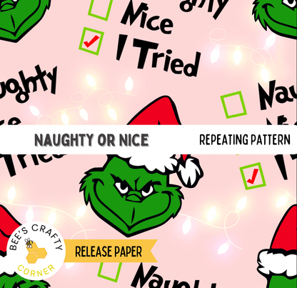 The image is a repeating pattern featuring the Grinch's face wearing a Santa hat, with the words "Naughty or Nice" and "Tried" written around the hat.