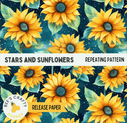The image is a repeating pattern of yellow sunflowers against a dark blue background with white stars.