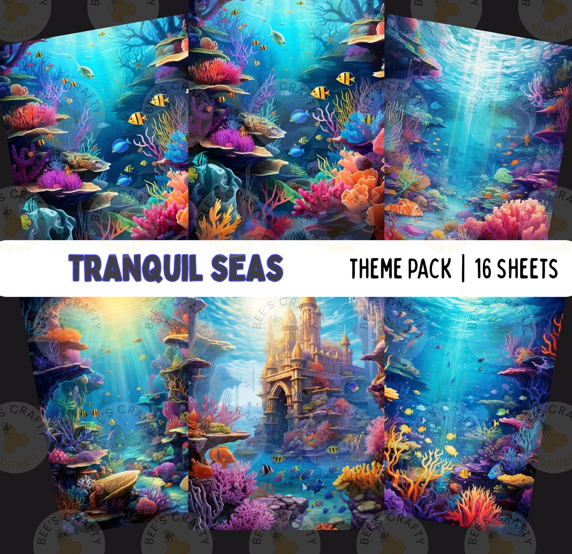 The image is a vibrant and colorful underwater scene depicting a tranquil seas theme. It features a castle, fish, and various marine life, creating a whimsical and fantastical atmosphere. The image is a collage of multiple images, showcasing the beauty and diversity of the underwater world.