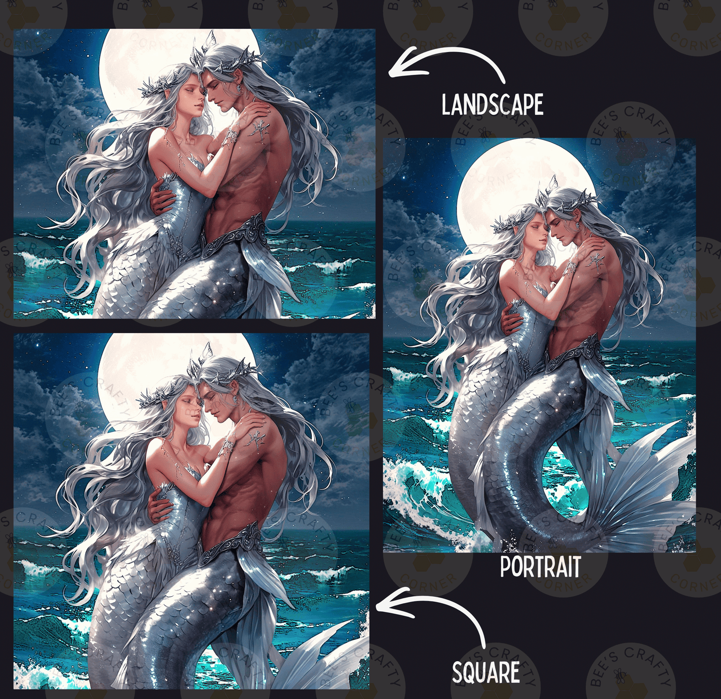 The image is a collage of three pictures depicting a mermaid couple embracing under a moonlit sky. The first image shows the mermaid couple embracing under the moon, the second image shows the mermaid couple embracing under a full moon, and the third image shows the mermaid couple embracing under a full moon.