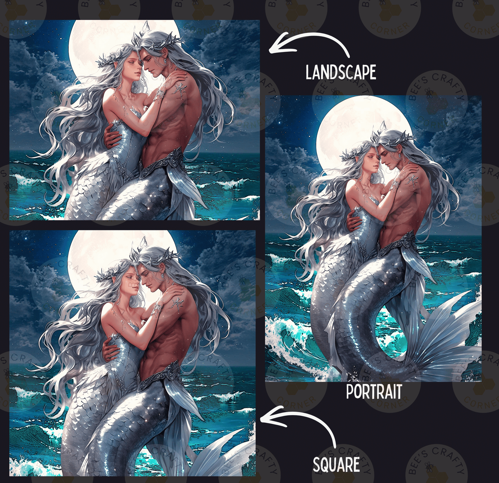The image is a collage of three pictures depicting a mermaid couple embracing under a moonlit sky. The first image shows the mermaid couple embracing under the moon, the second image shows the mermaid couple embracing under a full moon, and the third image shows the mermaid couple embracing under a full moon.