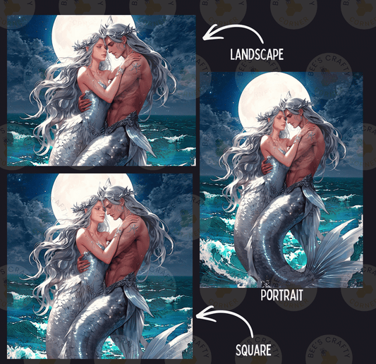 The image is a collage of three pictures depicting a mermaid couple embracing under a moonlit sky. The first image shows the mermaid couple embracing under the moon, the second image shows the mermaid couple embracing under a full moon, and the third image shows the mermaid couple embracing under a full moon.