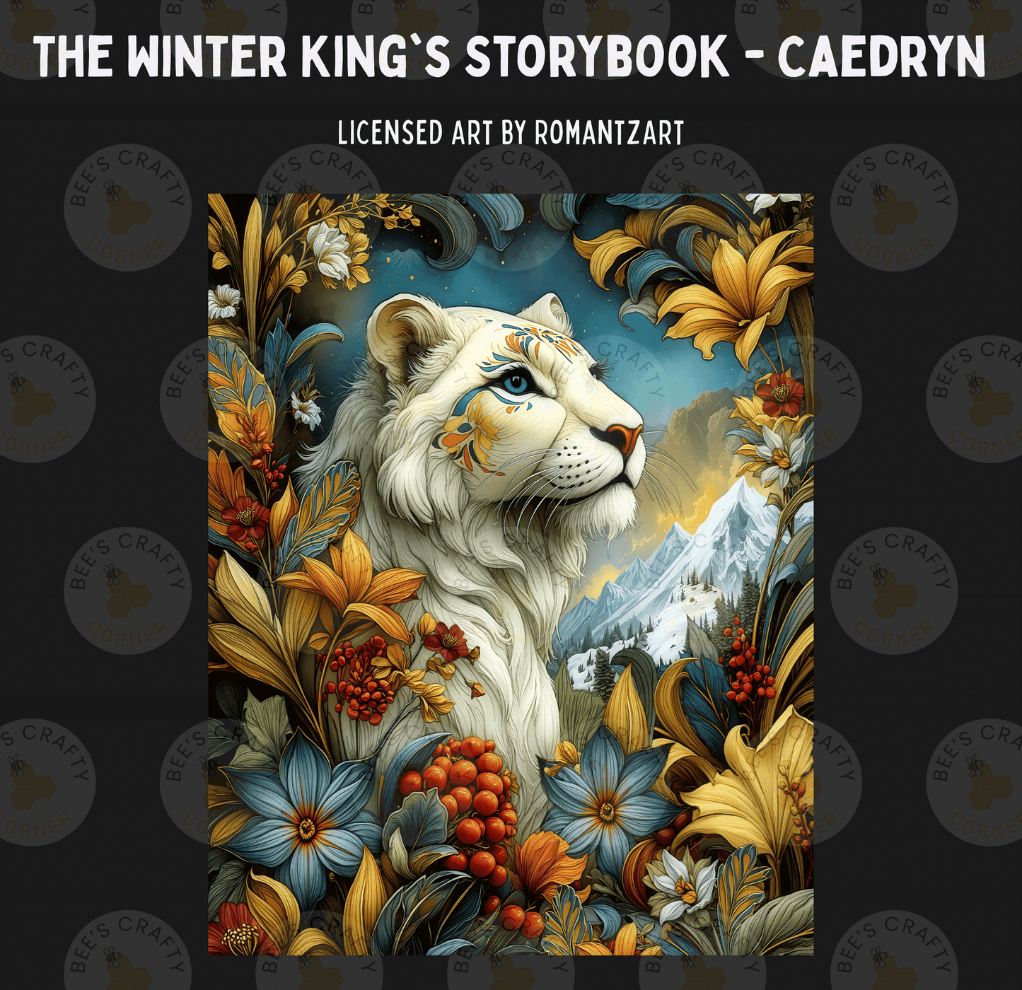 The image is a vibrant and detailed illustration of a white tiger surrounded by a lush, colorful forest filled with flowers, leaves, and berries.