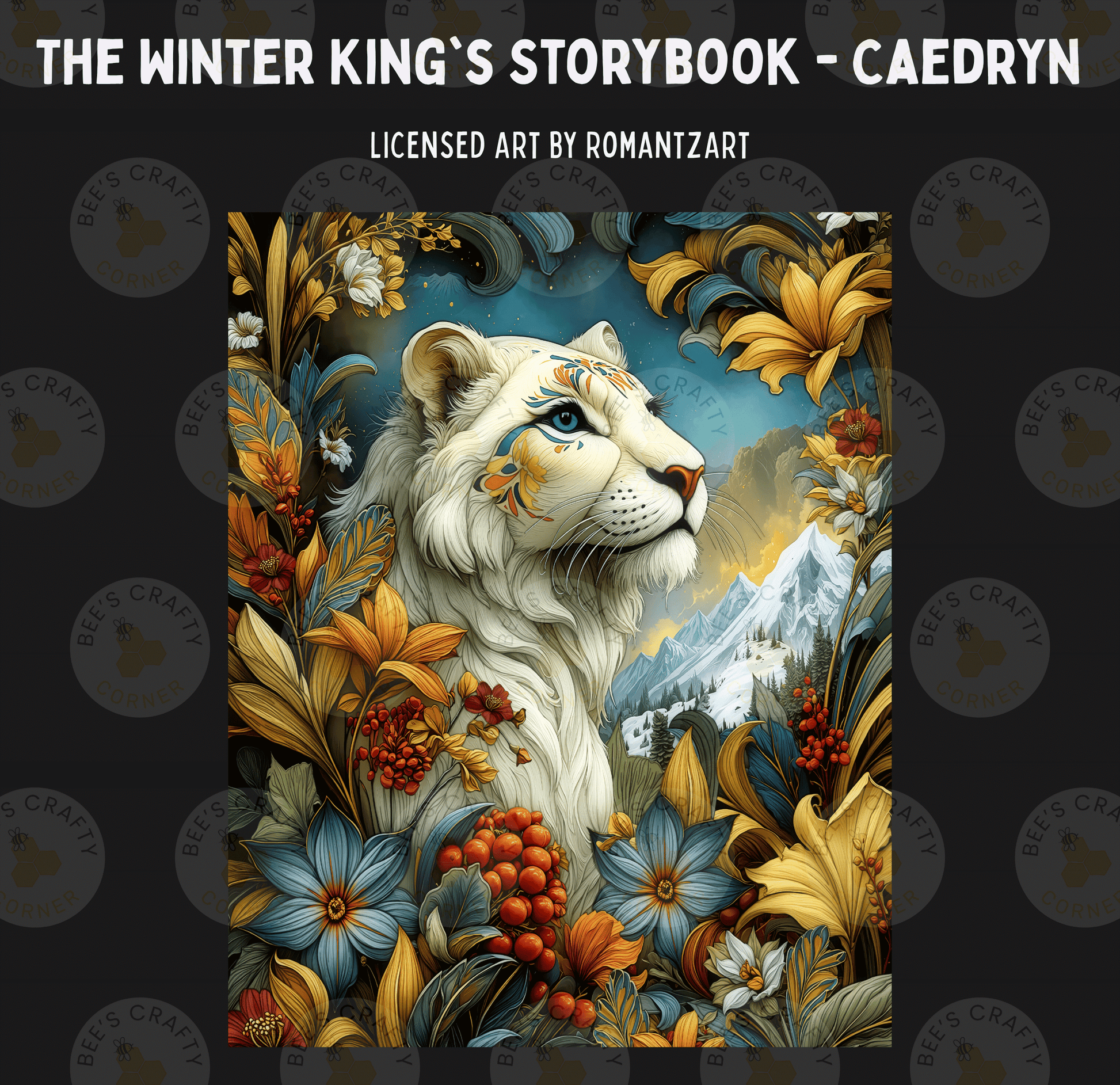 The image is a vibrant and detailed illustration of a white tiger surrounded by a lush, colorful forest filled with flowers, leaves, and berries.