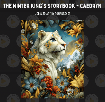 The image is a vibrant and detailed illustration of a white tiger surrounded by a lush, colorful forest filled with flowers, leaves, and berries.