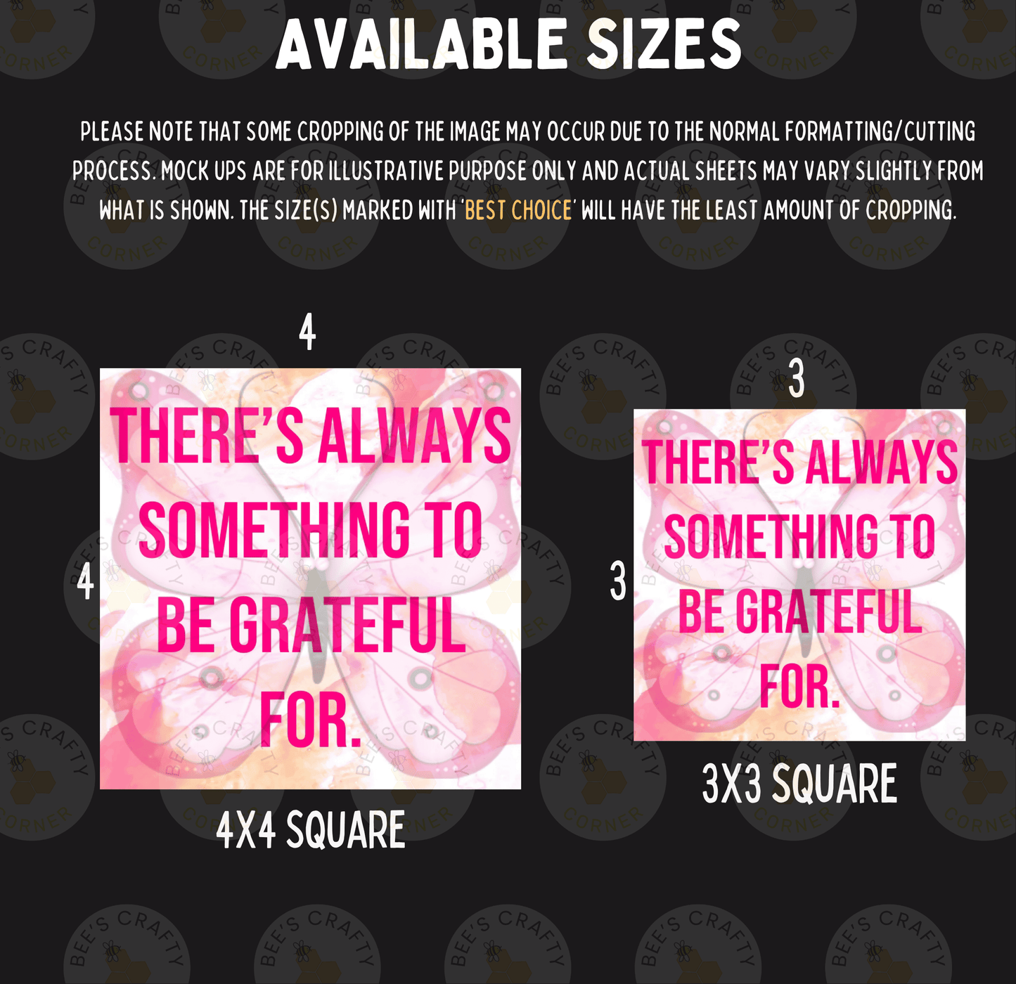 two images with text, one larger and one smaller, both featuring butterfly designs. The larger image has the text "There's always something to be grateful for." The smaller image has the text "There's always something to be grateful for." The image sizes are 4x4 and 3x3 square.