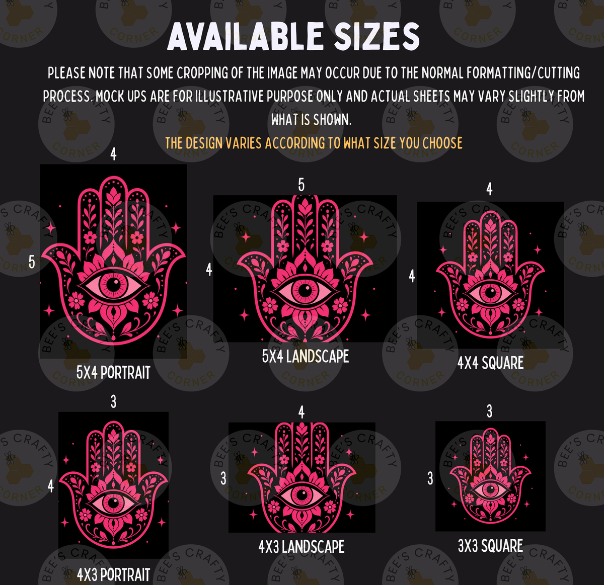 various sizes of pink and black hand-like symbols, each with different designs and patterns. The sizes range from 5x4 to 5x3, and the designs include floral patterns, stars, and an eye. The image is a collage of multiple images, and the text provides information about the available sizes and the design variations for each hand-like symbol.