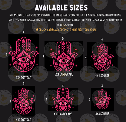 various sizes of pink and black hand-like symbols, each with different designs and patterns. The sizes range from 5x4 to 5x3, and the designs include floral patterns, stars, and an eye. The image is a collage of multiple images, and the text provides information about the available sizes and the design variations for each hand-like symbol.