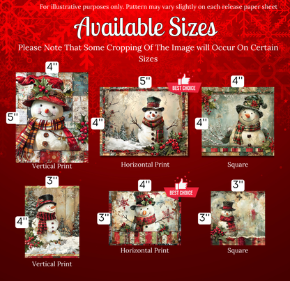 The image is a collection of six snowman pictures, each with a different size and style, available for purchase.