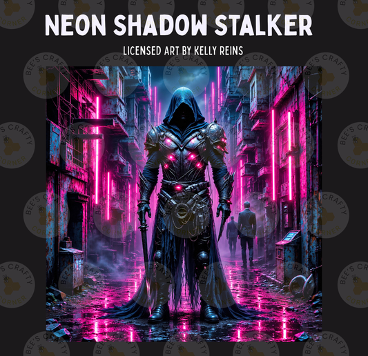 The image is a digital artwork depicting a futuristic cityscape with neon lights, a hooded figure, and a dark, mysterious atmosphere.