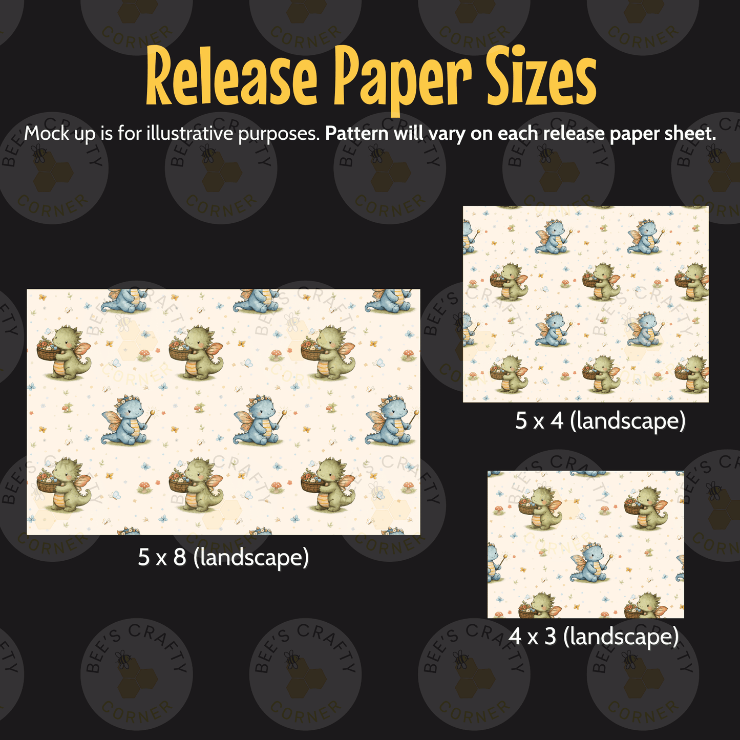 three different paper sizes, each featuring a repeating pattern of cartoon-like creatures, such as dragons or other small animals, on a light background. The text above the images indicates that the mock-up is for illustrative purposes and that the pattern will vary on each release paper sheet.