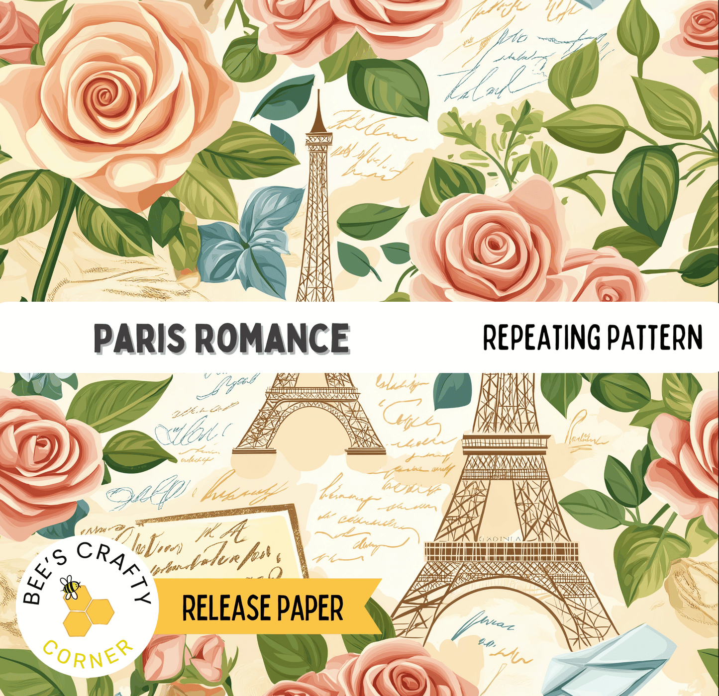The image is a repeating pattern featuring the Eiffel Tower and pink roses, with additional text and decorative elements.