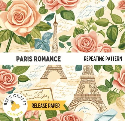 The image is a repeating pattern featuring the Eiffel Tower and pink roses, with additional text and decorative elements.