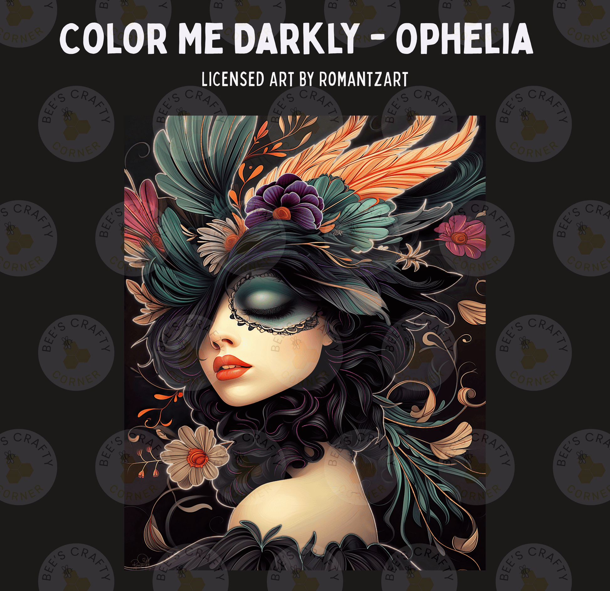 The image is a digital illustration featuring a woman with dark hair and makeup, wearing a colorful headdress with flowers and leaves. The background is dark and has a repeating pattern of circles.